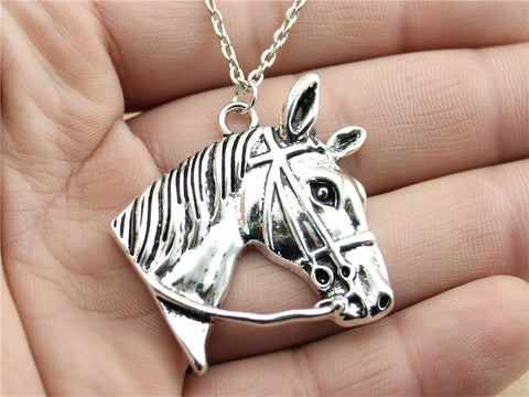 WYSIWYG Simple Polular Hot Vintage Antique Silver Color 37*36mm Silver Horse Head Pendant Chain Necklace