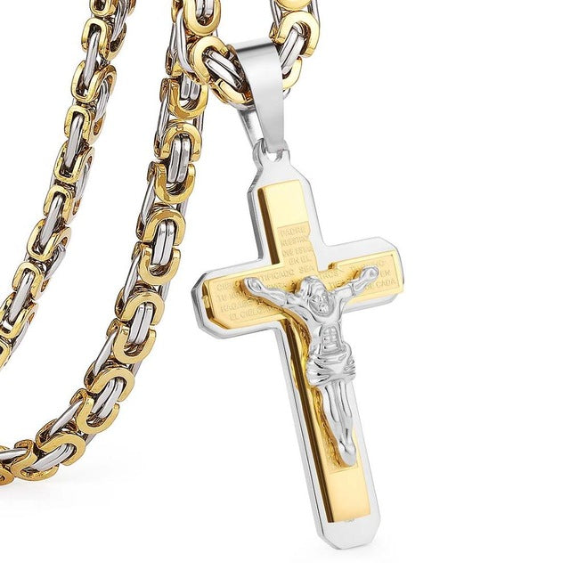 Crucifix Jesus Cross Necklace Stainless Steel Christs Pendant Gold Byzantine Chain Men Necklaces Jewelry Gifts 22" (55cm) NZ015