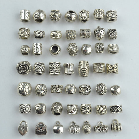 Mix wholesale 98pcs 49 Style metal vintage tibetan silver beads charm diy big hole beads fit handmade for european bracelet 1809