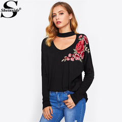 Sheinside Choker Neck Flower Embroidery Patch Tee 2017 Women Black V Neck Long Sleeve T-shirt Fall Casual Shirt For Ladies