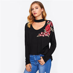 Sheinside Choker Neck Flower Embroidery Patch Tee 2017 Women Black V Neck Long Sleeve T-shirt Fall Casual Shirt For Ladies