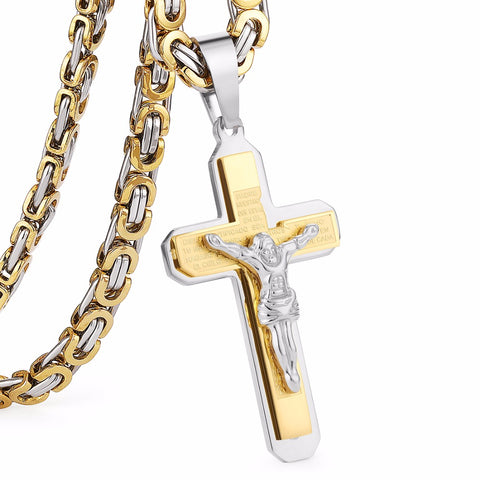 Crucifix Jesus Cross Necklace Stainless Steel Christs Pendant Gold Byzantine Chain Men Necklaces Jewelry Gifts 22" (55cm) NZ015