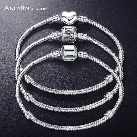 ANFASNI New Fashion Love Snake Chain Silver Color Fit Original Charm Bracelet Bangle Charm Bead For Women Gift 17CM-21CM