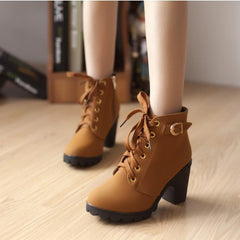 2017 New Autumn Winter Women Boots High Quality Solid Lace-up European Ladies shoes PU Fashion high heels Boots