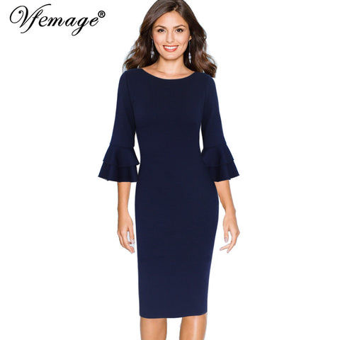 Vfemage Women Autumn Elegant Flare 3/4 Sleeves Knee Length Vintage Wear To Work Office Business Party Bodycon Pencil Dress 8155