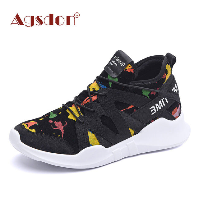 Agsdon Women Fashion Graffiti Printing Flat Heel Front Lace-up Shoes