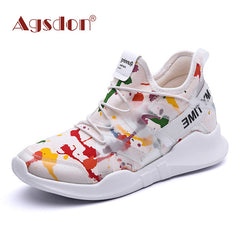 Agsdon Women Fashion Graffiti Printing Flat Heel Front Lace-up Shoes