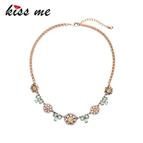 KISS ME Charming Crystal Flowers Necklace Antique Gold Color Chain Alloy Vintage Choker Necklace Women Jewelry