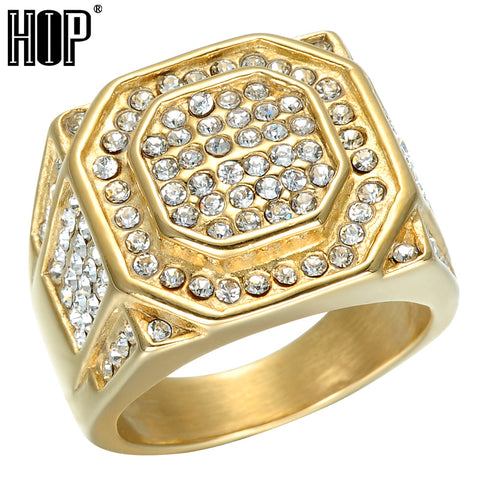 HIP Hop Micro Pave Rhinestone Iced Out Bling Hexagonal Ring IP Gold Filled Titanium Stainless Steel Rings for Men Jewelry