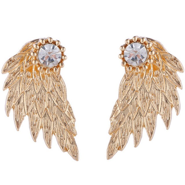 ES101 Crystal 3D Angel Wings Stud Earrings Inlaid Alloy Ear Jewelry Party Earring Gothic Feather Brincos Promotion