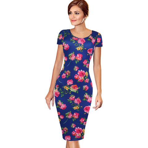 Oxiuly Womens Elegant Vintage Flower Floral Print Pinup Tunic Casual Wear To Work Office Ladies Party Pencil Sheath Dress