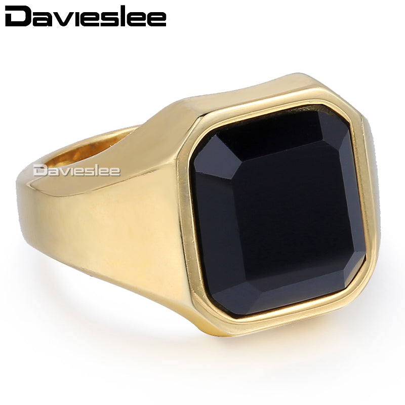 Davieslee Black CZ Mens Ring Gold Silver Tone 316L Stainless Steel Fashion Smooth Signet Wholesale Vintage Jewelry 16mm LHR373