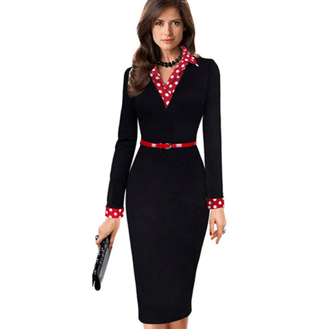 Women Elegant Vintage Autumn Polka Dot Turn Down Collar  Belted Wear To Work Office Casual Long Sleeve Sheath Pencil Dress EB334